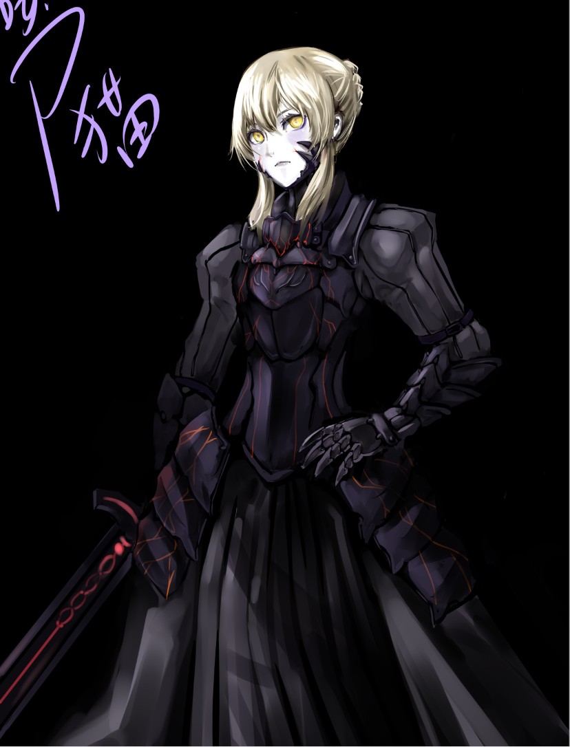 armor, armored_dress, blonde_hair, dark_excalibur, dress, fate/stay_night, fate_(series), hand_on_hip
