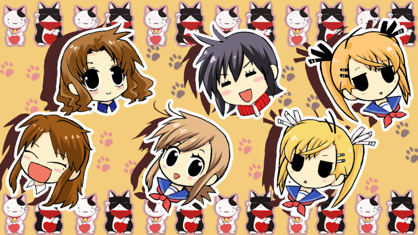 blonde_hair, brown_hair, cat, chibi, ichinose_nagi, kirishima_akari, kirishima_kotone, kuromitsu_kinako, mizuno_kaede, mochizuki_chizuru, nyamsas, nyan_koi!, sumiyoshi_kanako, tama_(nyan_koi)