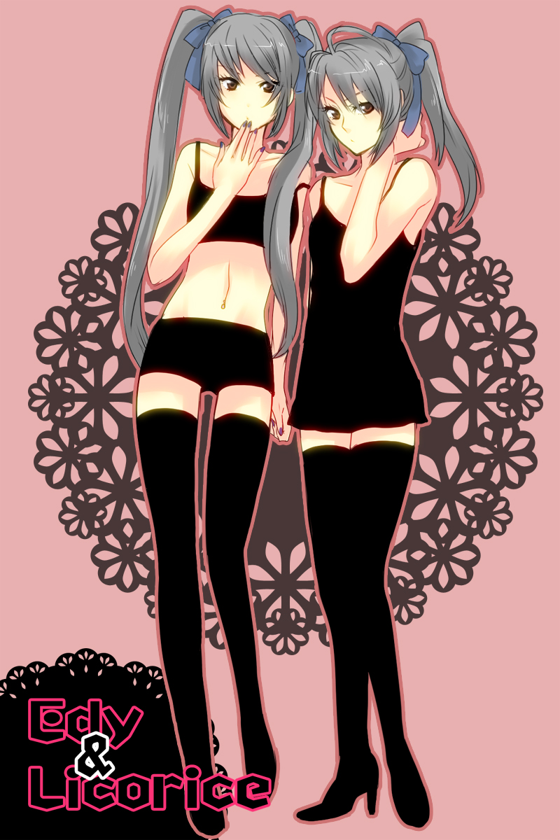 bad_id, bare_shoulders, black_legwear, blue_ribbon, boots, brown_eyes, edy_nelson, female, grey_hair, hair_ribbon, hand_to_mouth, high_heels, highres, licorice_nelson, lingerie, long_hair, mino_haru, minoharu, multiple_girls, nail_polish, navel, ponytail, ribbon, senjou_no_valkyria, senjou_no_valkyria_1, senjou_no_valkyria_2, shoes, siblings, side_ponytail, silver_hair, sisters, stockings, tanktop, thigh-highs, thigh_boots, thighhighs, twintails, underwear, underwear_only, zettai_ryouiki