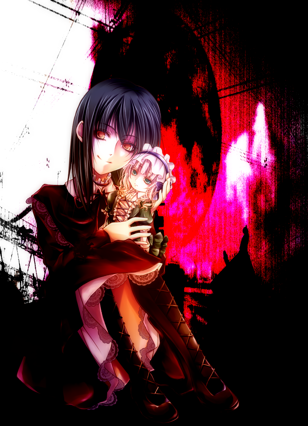black_hair, blonde_hair, boots, cross-laced_footwear, doll, dress, fatal_frame, fatal_frame_4, green_eyes, haibara_ayako, hat, highres, long_hair, solo, yellow_eyes