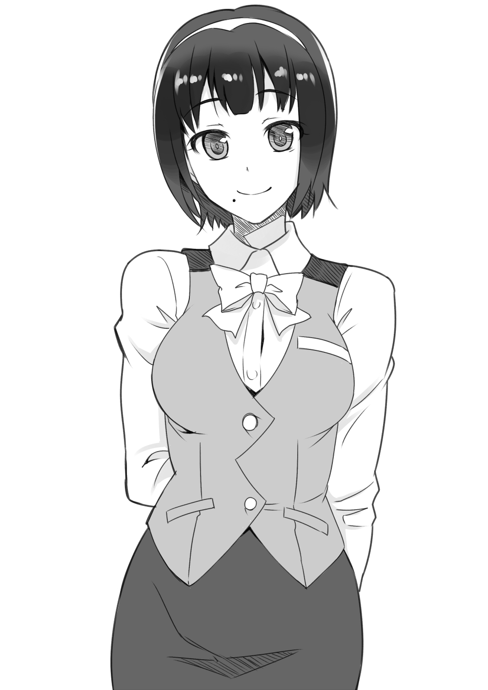 arms_behind_back, breasts, hairband, highres, idolmaster, mole, monochrome, otonashi_kotori