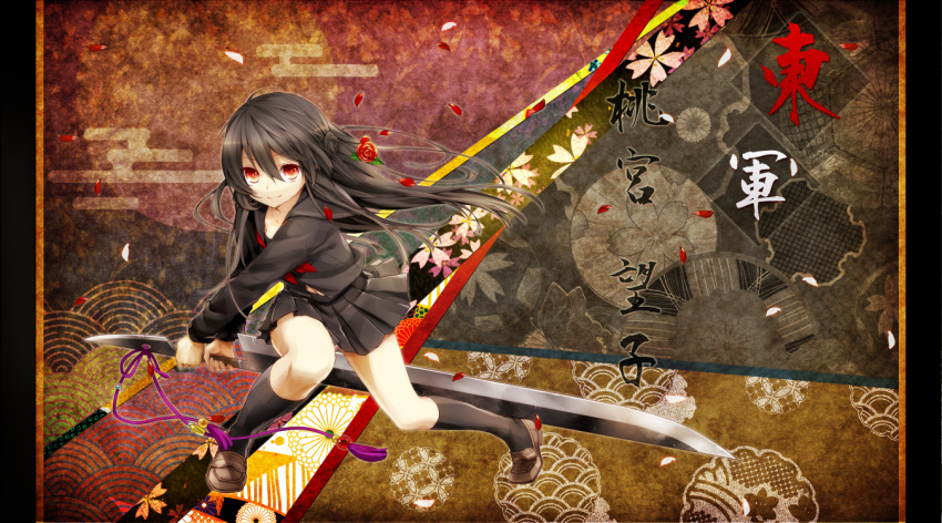 black_hair, black_legwear, egasumi, flower, footwear, kikumon, ku, kuu_(0427)