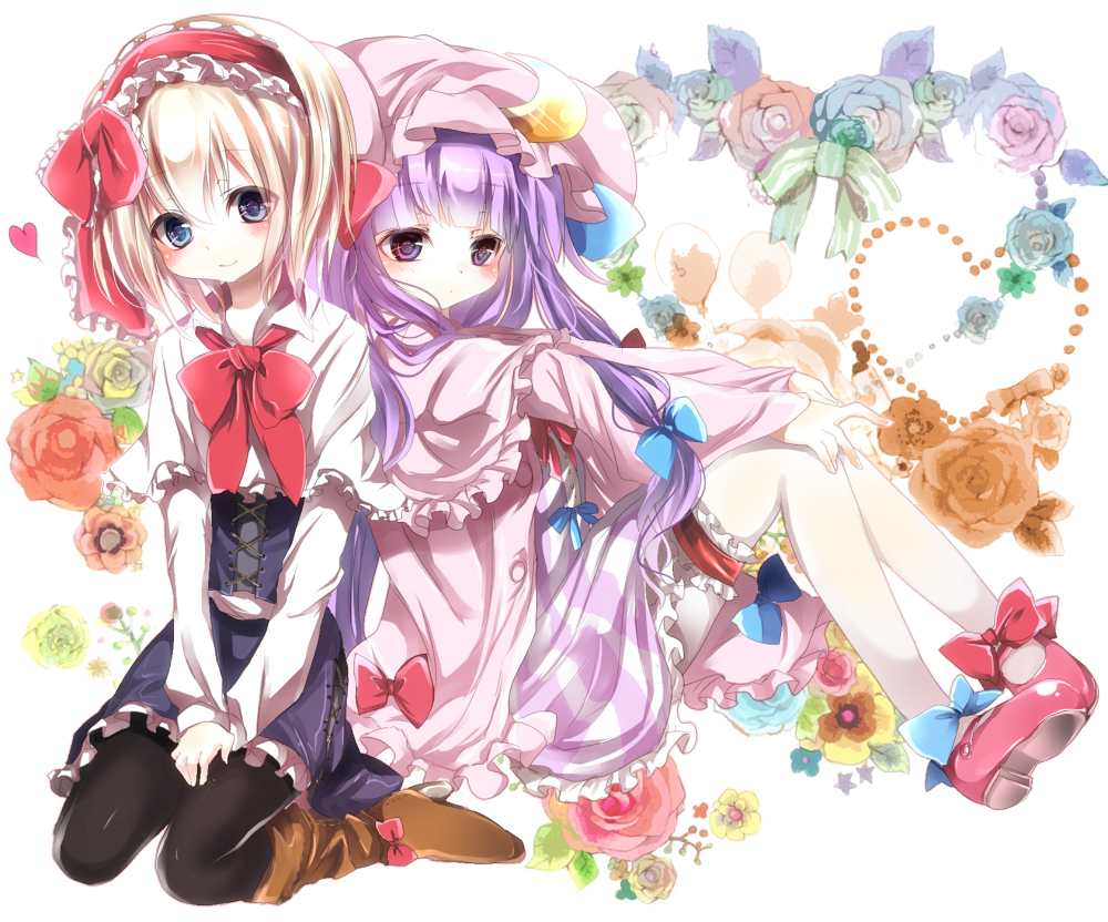alice_margatroid, bad_id, black_legwear, blonde_hair, blue_eyes, blue_rose, blush, boots, capelet, crescent, dress, emia, floral_background, flower, garters, hair_ribbon, hairband, hands_on_knees, hat, hime_cut, long_hair, mary_janes, multiple_girls, orange_rose, pantyhose, patchouli_knowledge, pink_rose, purple_eyes, purple_hair, purple_rose, red_rose, ribbon, rose, shoes, short_hair, sitting, smile, touhou, violet_eyes, wariza, white_legwear, yellow_rose