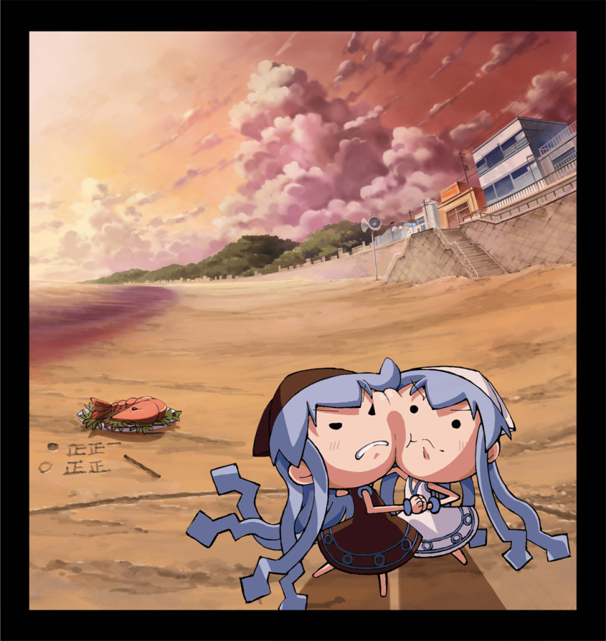 beach, cheek-to-cheek, cheek_to_cheek, chibi, cloud, dark_persona, evening, fighting