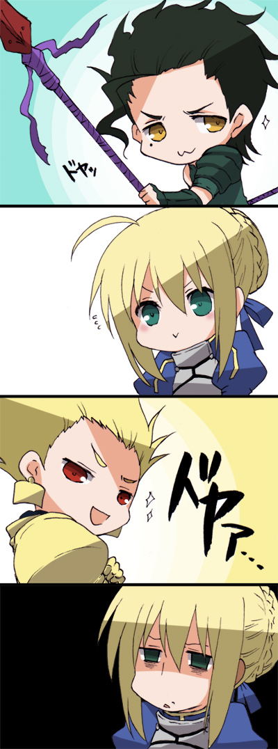 :>, ahoge, armor, b-cat, black_hair, blonde_hair, blue_eyes, empty_eyes