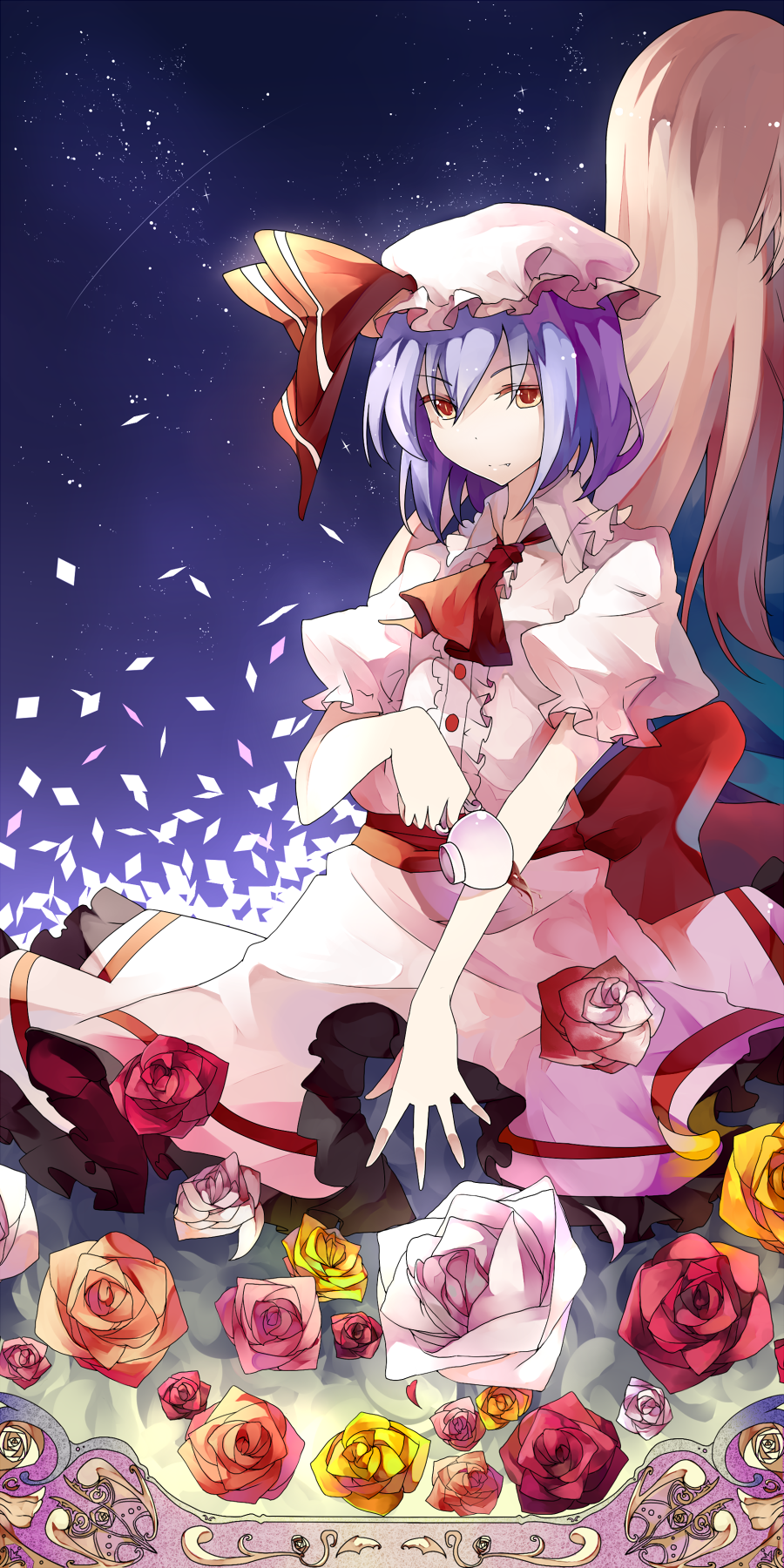cup, dress, fang, flower, hat, highres, kneeling, orange_rose, petals, pink_rose, red_eyes, red_rose, remilia_scarlet, ribbon, rose, shooting_star, sky, star_(sky), starry_sky, tajador, tea, teacup, touhou, white_rose, yellow_rose