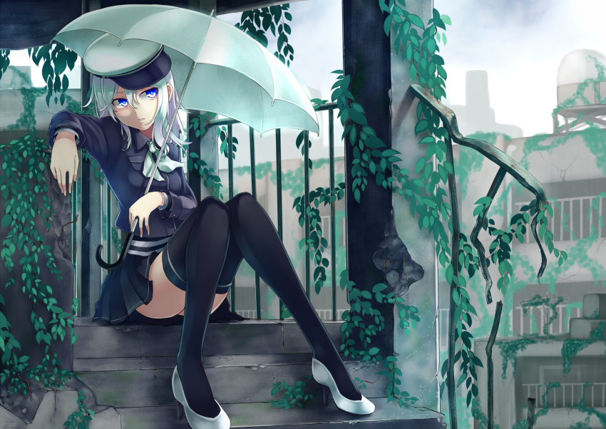 ama_no_jaku_(vocaloid), black_legwear, blue_eyes, green_hair, gumi, hat, high_heels, highres