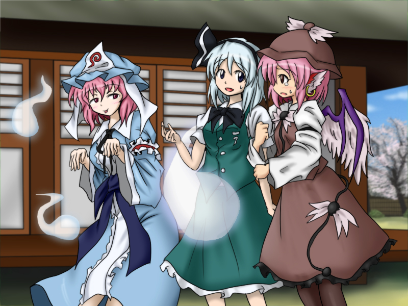 animal_ears, arm_grab, blue_dress, blue_eyes, brown_hair, dress, ear_piercing, earrings