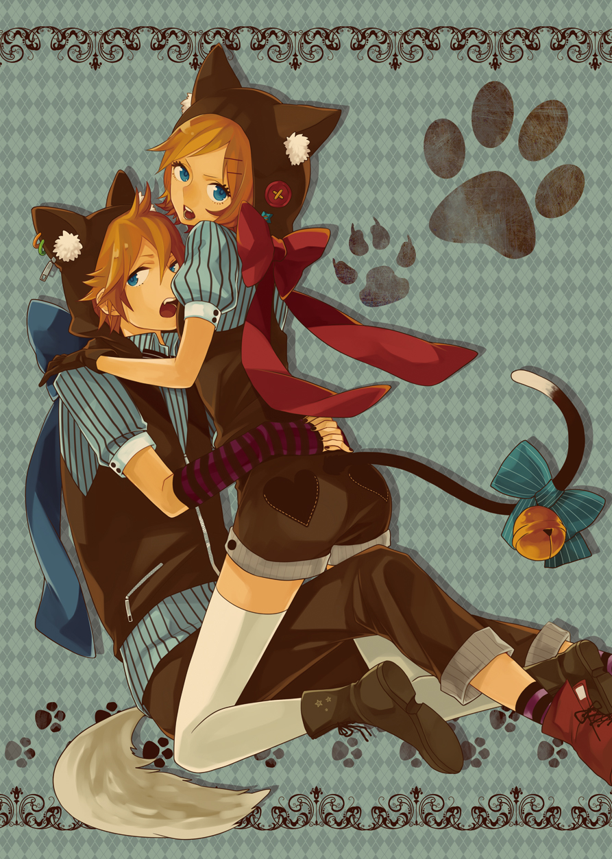 1girl, animal_ears, bell, blonde_hair, blue_eyes, bow, brother_and_sister, cat_ears
