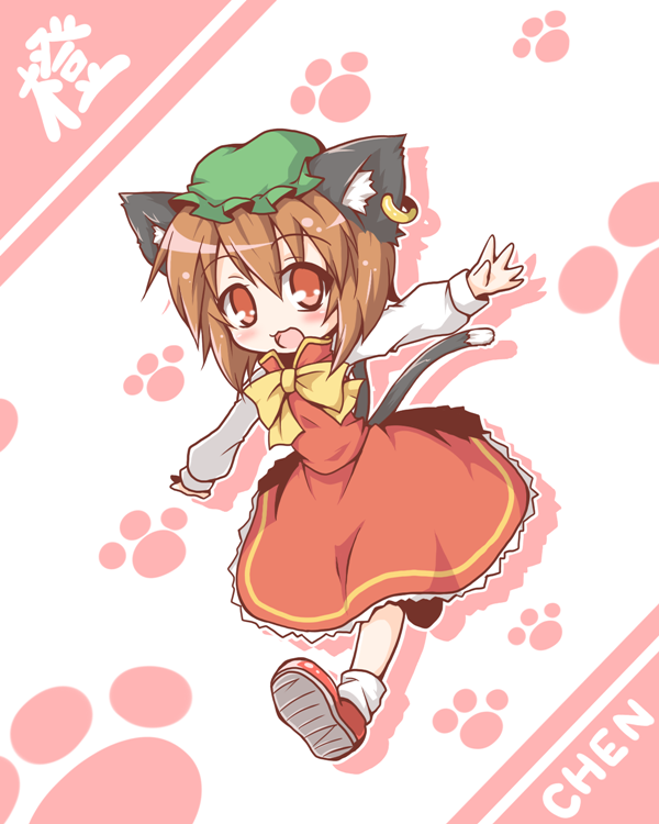 animal_ears, bow, brown_hair, cat_ears, cat_tail, chen, chibi, child