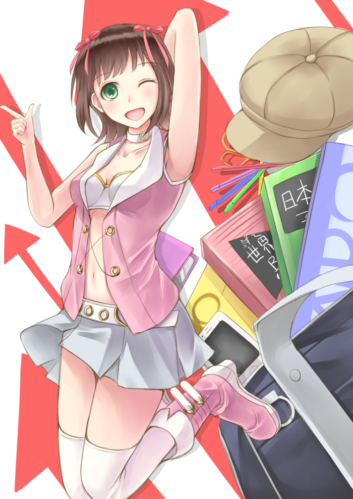 amami_haruka, bad_id, bag, book, brown_hair, cabbie_hat, green_eyes, hair_ribbon