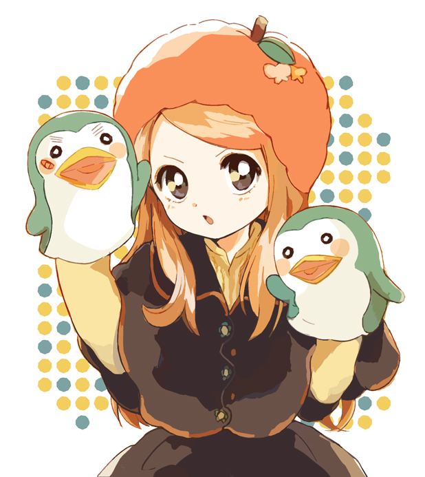 bird, brown_eyes, brown_hair, co2ichi_(naminaminami), fruit_hat, hand_puppet, hat, mawaru_penguindrum