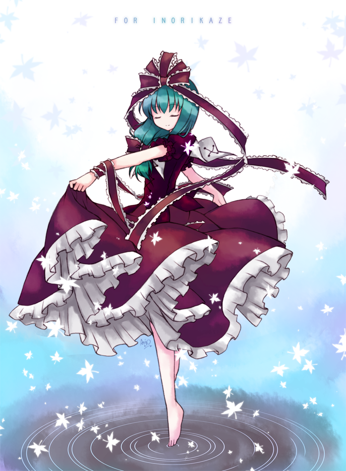 aoilio, barefoot, bow, closed_eyes, dress, dress_lift, eyes_closed, floating