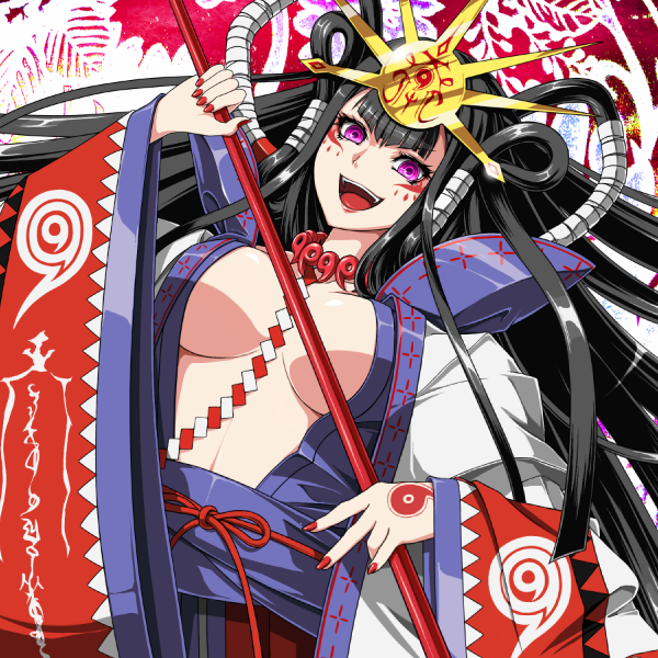 1girl, ameto, beatmania, beatmania_iidx, black_hair, breasts, cleavage, facial_tattoo