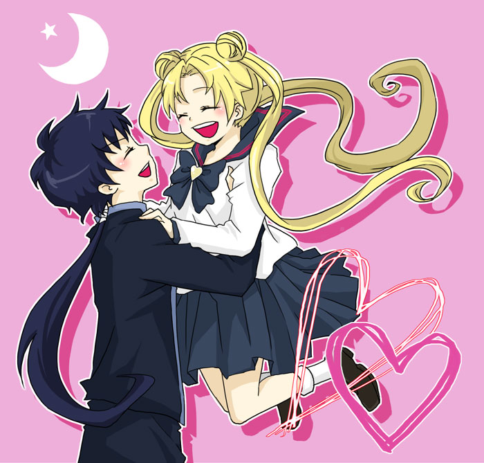 1girl, bad_id, bishoujo_senshi_sailor_moon, black_hair, blonde_hair, carrying, closed_eyes, couple
