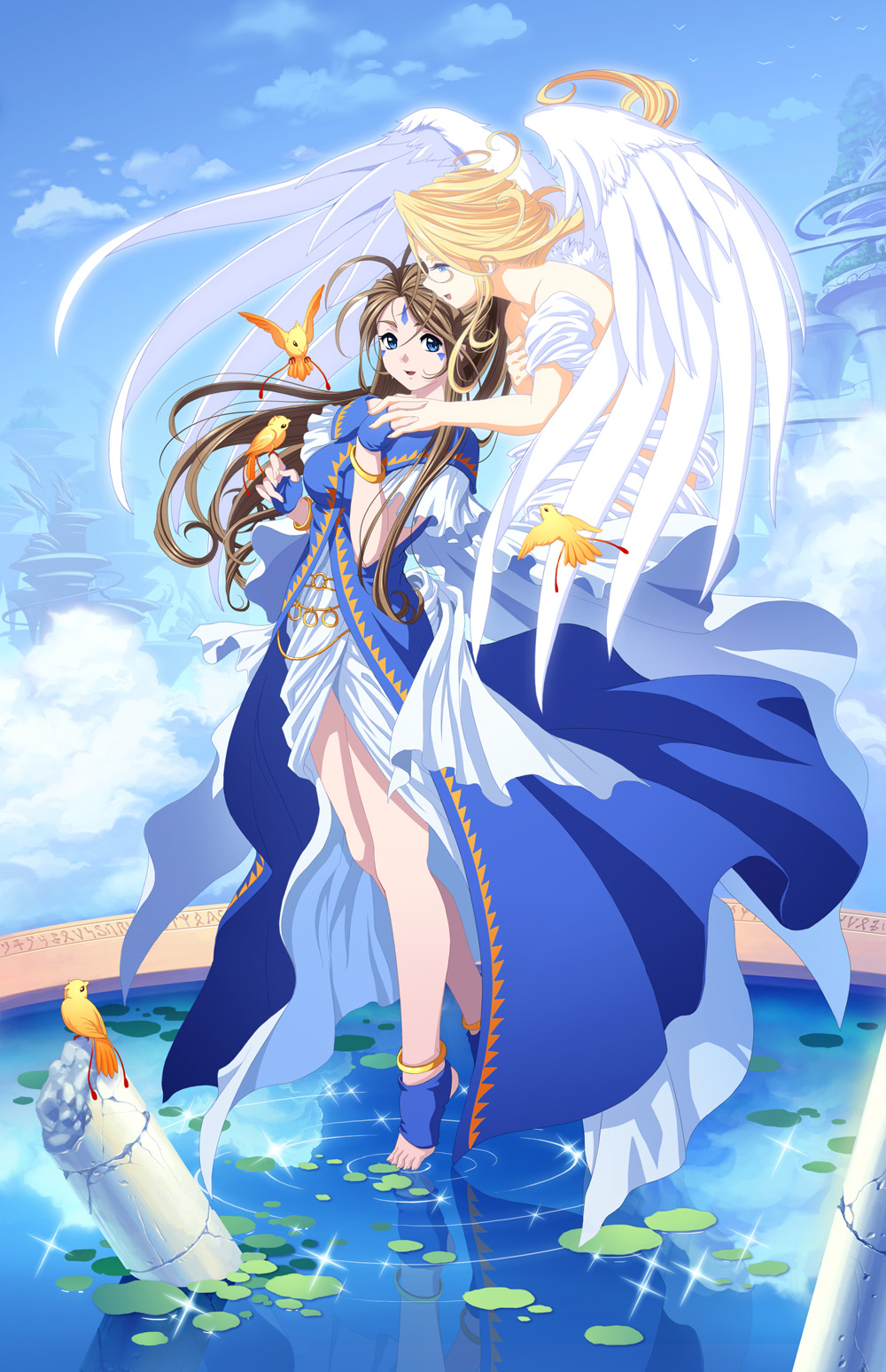 angel, anklet, barefoot, belldandy, bird, blue_eyes, bracelet, brown_hair
