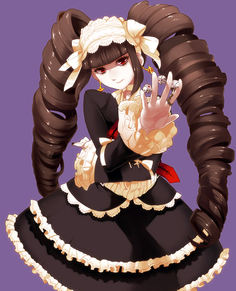black_hair, bow, brown_hair, celestia_rudenberk, dangan-ronpa, dangan_ronpa, dice, drill_hair
