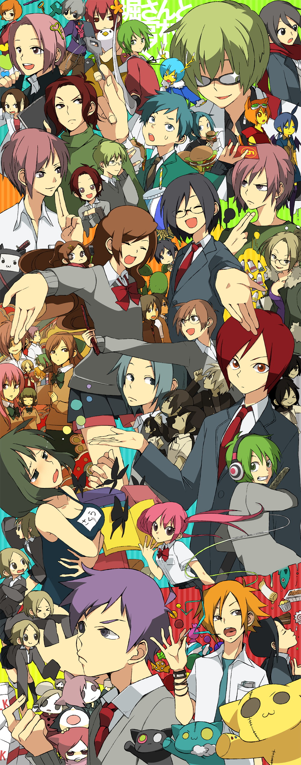 animal_ears, animalization, ayasaki_remi, bat_wings, bowtie, brown_hair, butterfly, cactus, candy, cat, cat_ears, eating, everyone, eyepatch, food, glasses, green_hair, hamburger, headphones, hero_(pixiv), highres, hori-san_to_miyamura-kun, hori_kyouko, hori_kyousuke, hori_souta, hori_yuriko, ichijou_chika, ishikawa_tooru, iura_motoko, iura_shuu, kouno_sakura, long_hair, milk, miyamura_iori, miyamura_izumi, miyamura_naozumi, mizouchi_taiki, multiple_persona, nakamine_kazuya, necktie, official_art, okuyama_yuuna, one-piece_swimsuit, purple_hair, red_hair, redhead, ribbon, sawada_honoka, scar, scarf, school_swimsuit, school_uniform, sengoku_kakeru, sengoku_kozue, sengoku_takeru, shindou_koichi, shindou_kouichi, short_hair, siblings, stitches, stuffed_animal, stuffed_toy, swimsuit, sword, tanihara_makio, tanihara_youji, tears, terajima_reiko, twintails, vest, watabe_ichirou, weapon, wings, yanagi_akane, yasuda_jin, yoshikawa_miki_(hori-san_to_miyama-kun), yoshikawa_miki_(hori-san_to_miyamura-kun), yoshikawa_yuki_(hori-san_to_miyama-kun), yoshikawa_yuki_(hori-san_to_miyamura-kun), young