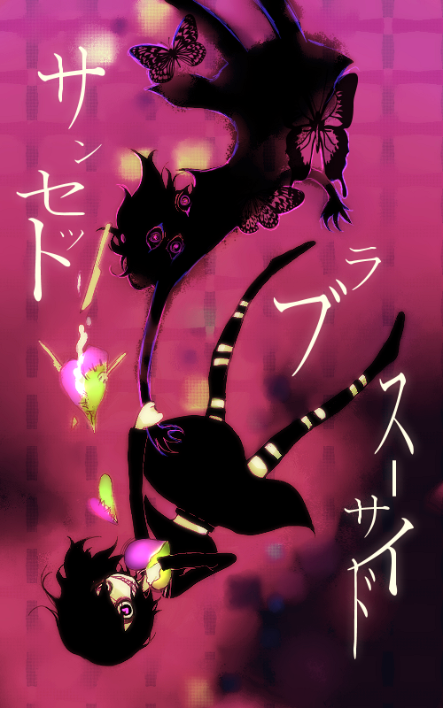 black_eyes, black_hair, butterfly, grin, gumi, heart, heart-shaped_pupils, long_sleeves