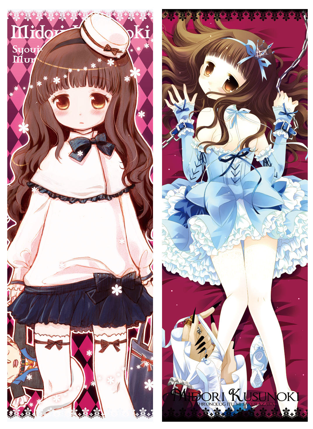 2girls, 2others, ankle_lace-up, arm_garter, barefoot, blue, bow, brown_eyes