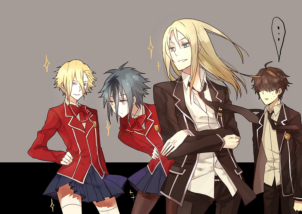 4boys, blonde_hair, blue_eyes, brown_hair, crossdressinging, crossed_arms, daryl_yan, grey_hair
