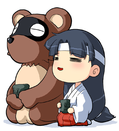 =_=, arikawa, blush_stickers, chibi, closed_eyes, cup, eyes_closed, footwear, headband, japanese_clothes, kiki_kaikai, long_hair, lowres, manuke_(kiki_kaikai), miko, sayo_(kiki_kaikai), seiza, sitting, socks, tanuki, teacup