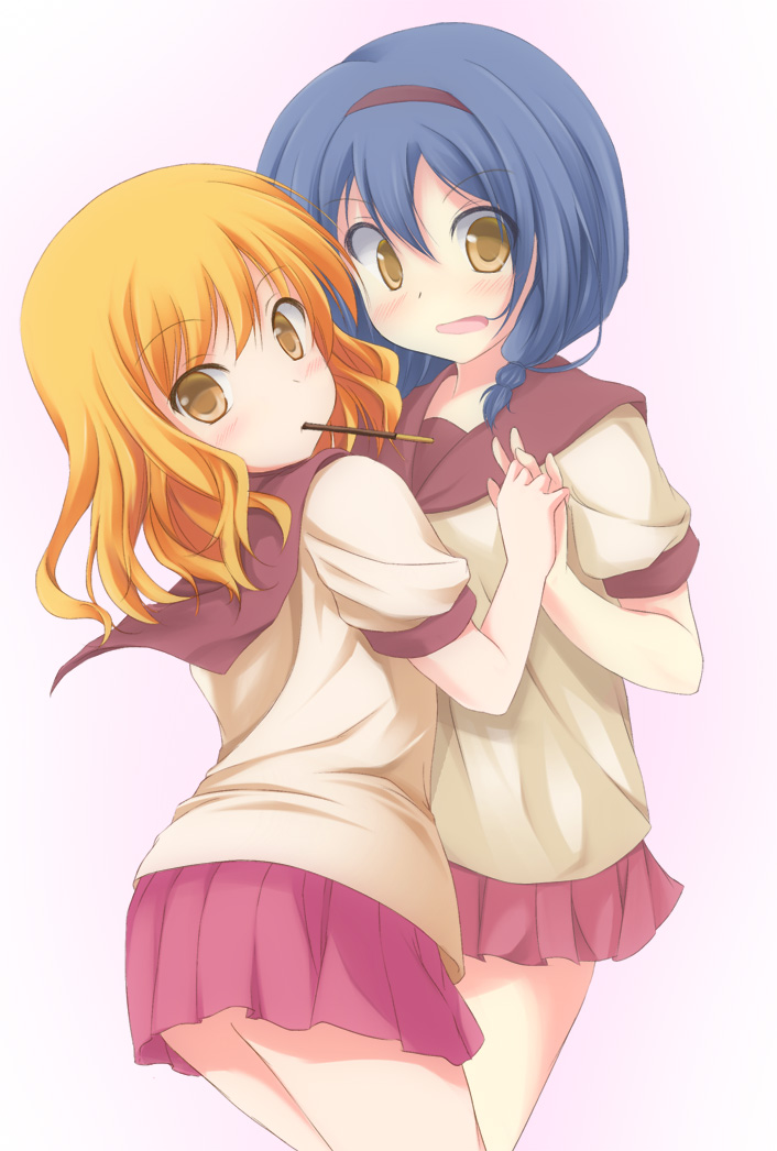 blonde_hair, blue_hair, food_in_mouth, furutani_himawari, griefwear, hairband, hand_holding, holding_hands