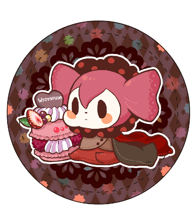 argyle_background, charlotte_(madoka_magica), gyuuki, hachi_(gaoo), macaron, macaroons, madoka_runes, mahou_shoujo_madoka_magica, no_humans, puffy_cheeks, solo, sweets, whipped_cream