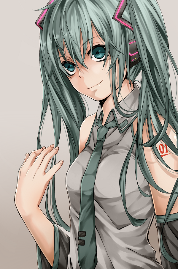 detached_sleeves, green_eyes, green_hair, hatsune_miku, koubou, long_hair, necktie, simple_background