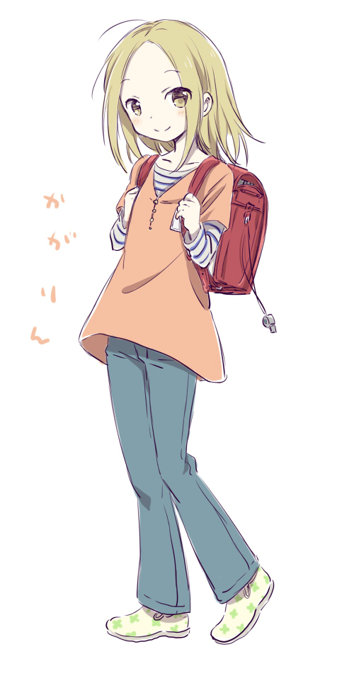 bad_id, bag, blonde_hair, blouse, kaga_rin, kona_(canaria), randoseru, shirt, smile, solo, striped, striped_shirt, usagi_drop, whistle, yellow_eyes