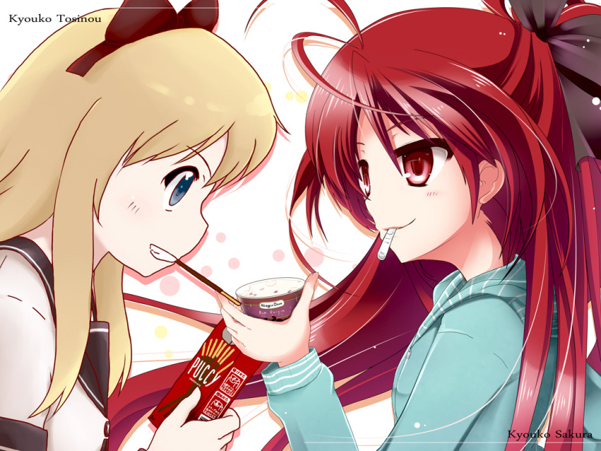 blonde_hair, bow, brand_name_imitation, collaboration, crossover, food, haagen-dazs, ice_cream