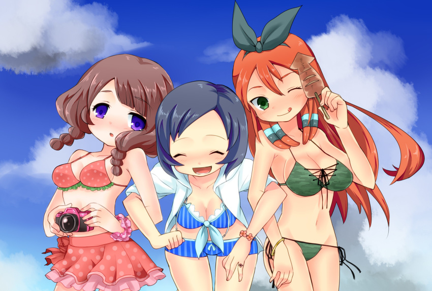 :q, bikini, blue_hair, braid, breasts, camera, closed_eyes, eyes_closed, hair_ribbon, highres, inazuma_eleven, inazuma_eleven_(series), inazuma_eleven_go, long_hair, multiple_girls, navel, open_mouth, purple_eyes, red_hair, redhead, ribbon, sasoribi-dekine, seto_midori, short_hair, side-tie_bikini, sorano_aoi, swimsuit, tongue, twin_braids, violet_eyes, yamana_akane
