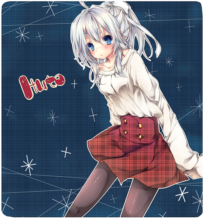 alternate_costume, blue_eyes, blush, casual, contemporary, eikokudaisuki, kasu_(return), mononobe_no_futo, pantyhose, ponytail, short_hair, silver_hair, simple_background, skirt, solo, touhou