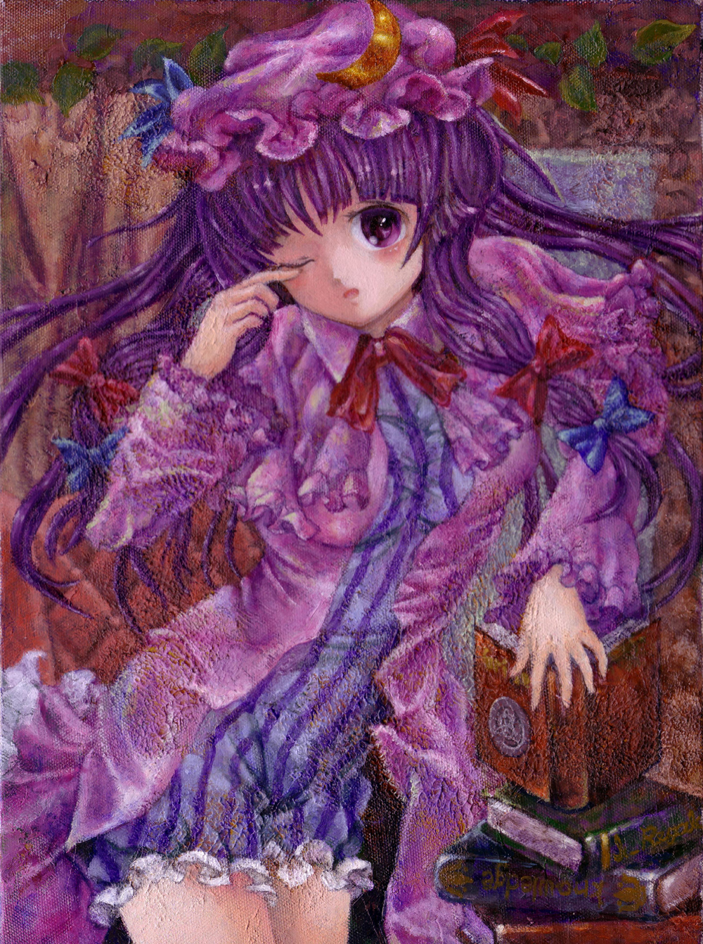 bangs, blunt_bangs, book, cloak, frills, hat, highres, long_hair