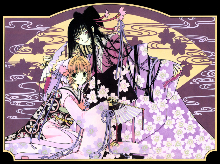 absurdres, bangs, blunt_bangs, clamp, crossover, empty_eyes, fan, flower