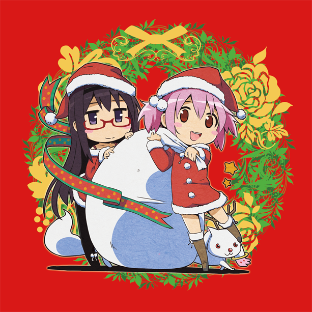 akemi_homura, black_hair, blush, boots, christmas, glasses, hat, kaname_madoka
