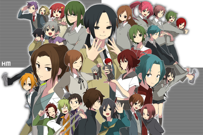 blazer, blonde_hair, brown_hair, closed_eyes, everyone, eyes_closed, gakuran, glasses
