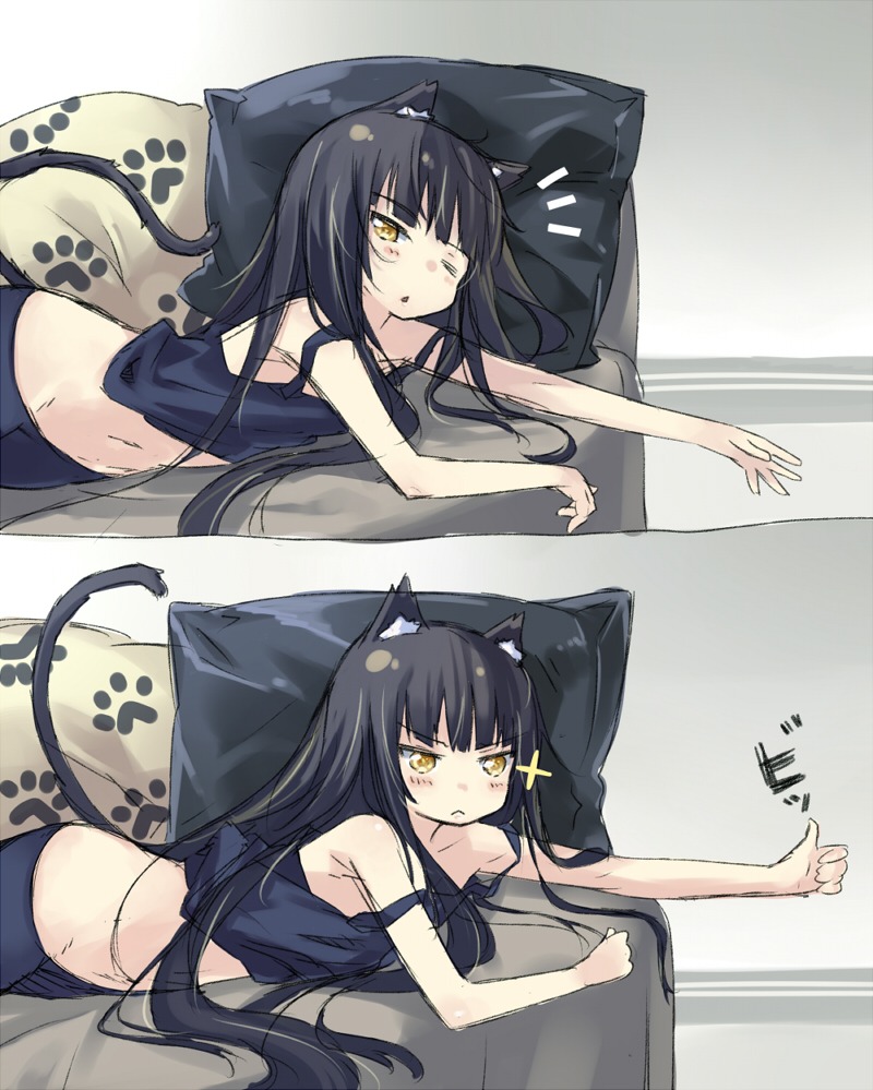 :<, animal_ears, black_hair, blush, cat_ears, cat_tail, copyright_request, long_hair, lying, off_shoulder, on_stomach, outstretched_arm, paw_print, personification, pillow, regu, solo, sparkle, tail, thumbs_up, wink, yellow_eyes