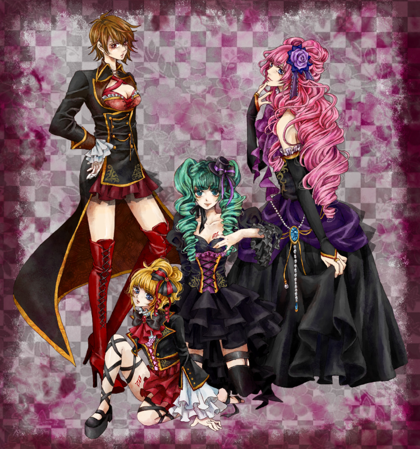 4girls, 708, alternate_hairstyle, bad_id, blue_eyes, boots, brown_hair, corset, drill_hair, gothic, green_hair, hair_ornament, hand_on_hip, hat, hatsune_miku, high_heels, highres, kagamine_rin, long_hair, megurine_luka, meiko_(vocaloid), mini_top_hat, multiple_girls, pink_hair, ryuuno_naku_hakoniwa_yori_(vocaloid), shoes, short_hair, thigh_boots, thighhighs, top_hat, vocaloid
