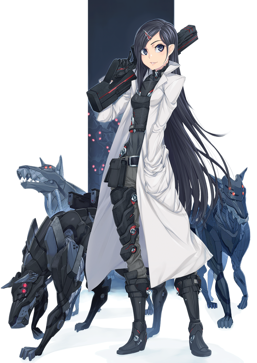 ayaki, black_hair, blue_eyes, cyborg, dog, gun, hair_ornament, hairclip