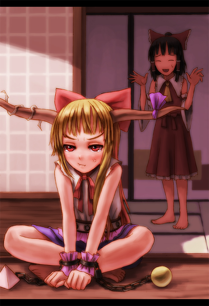 :t, anger_vein, annoyed, bad_id, barefoot, blonde_hair, brown_hair, chain