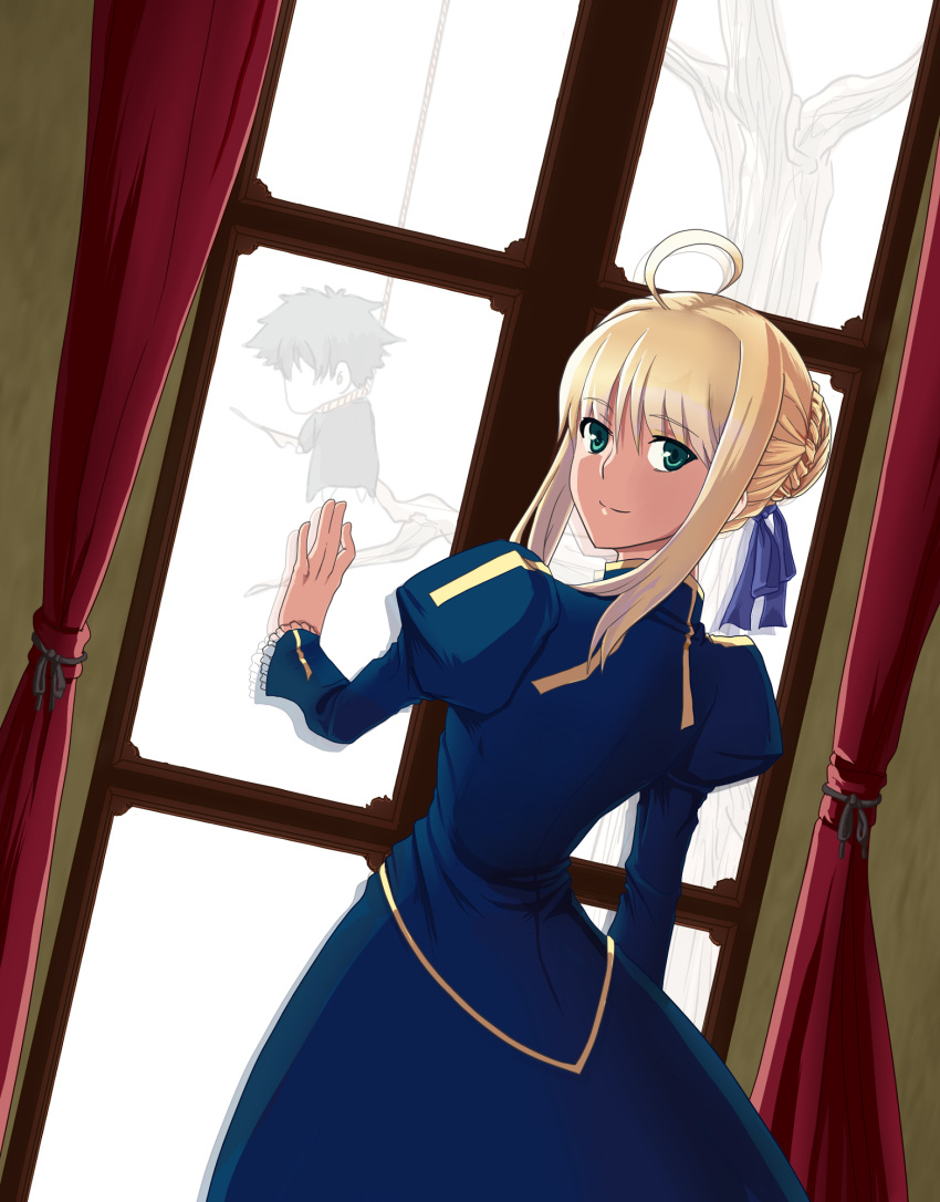 1girl, ahoge, black_hair, blonde_hair, chibi, dress, dutch_angle, emiya_kiritsugu