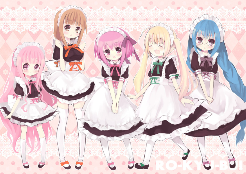 5_girls, :d, :o, ahoge, bangs, blonde_hair, blue_hair, blush