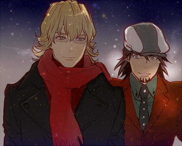 barnaby_brooks_jr, blonde_hair, brown_eyes, brown_hair, coat, facial_hair, glasses, green_eyes