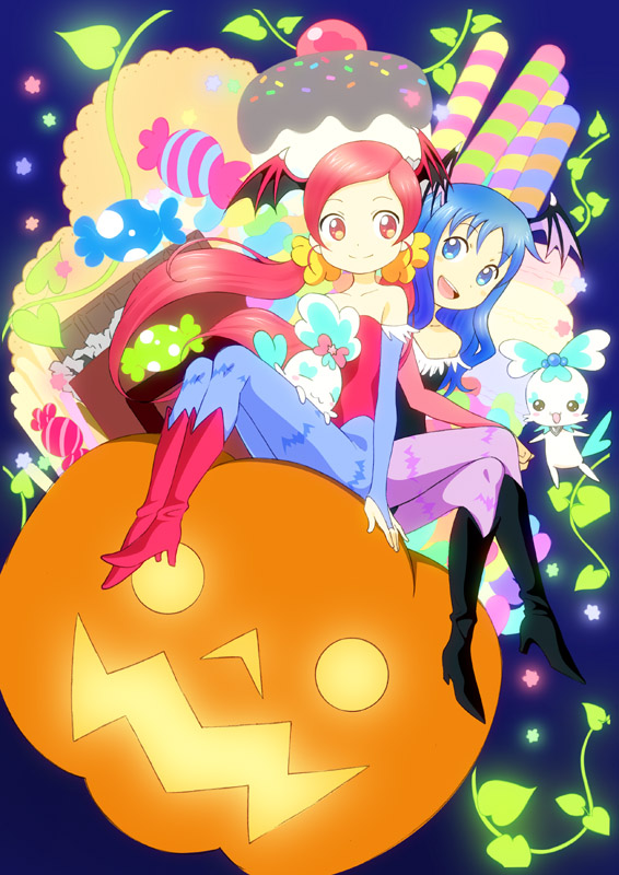 bare_shoulders, blue_background, blue_eyes, blue_hair, boots, cake, candy, candy_cane