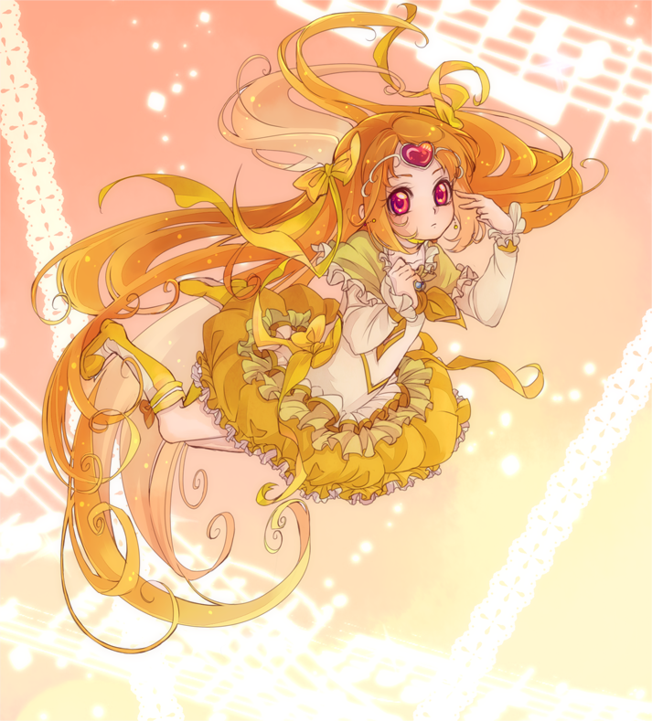 blonde_hair, boots, bubble_skirt, cure_muse, cure_muse_(yellow), dress, gradient, gradient_background