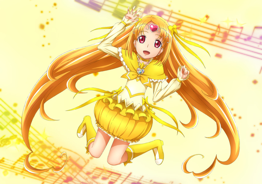 boots, bubble_skirt, chikuyama, circlet, cure_muse, cure_muse_(yellow), dress, jumping, long_hair, magical_girl, musical_note, precure, shirabe_ako, solo, staff_(music), suite_precure, yellow, yellow_background, yellow_dress