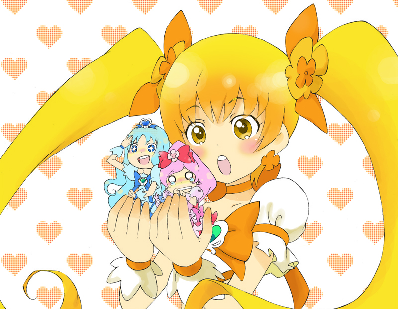 3girls, :d, :o, blue_eyes, blue_hair, cure_blossom, cure_marine, cure_sunshine