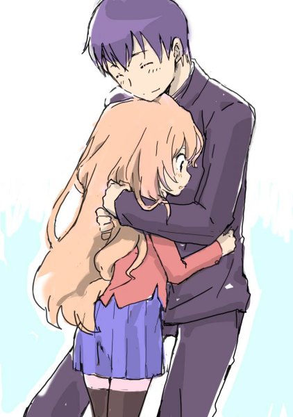 1girl, aisaka_taiga, blue_hair, blush, brown_eyes, brown_hair, closed_eyes, couple