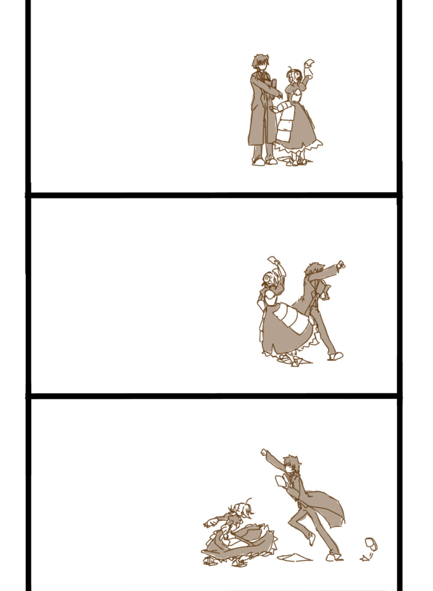 1girl, ahoge, armor, comic, dress, emiya_kiritsugu, fate/stay_night, fate/zero